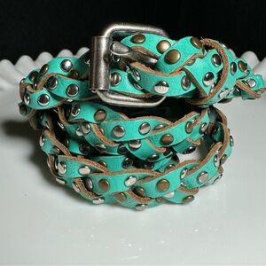 Sam Brown Braided Leather Turquoise Studded Belt-Size Up To 36"